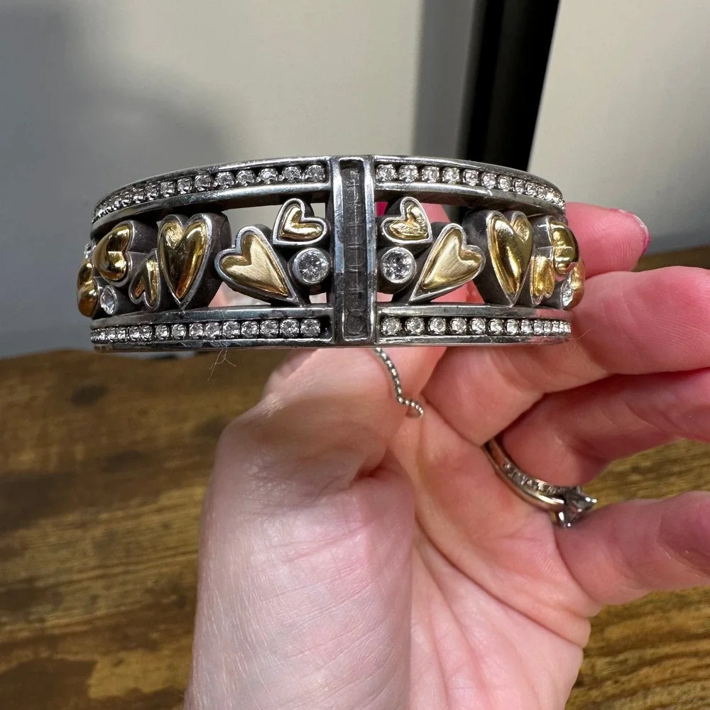 Brighton Two Tone Heart‎ Bangle Bracelet Silver Gold Crystal Accents Filigree